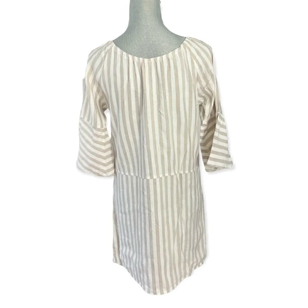 Free People Tan and White Stripe Folk Town Linen Blend Mini Dress Size S